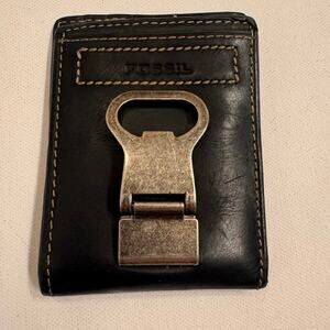 Vtg Fossil Bottle Opener Leather Wallet Bi-fold Black